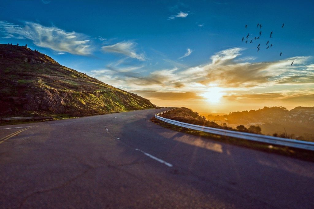 winding road, sunset, mountains